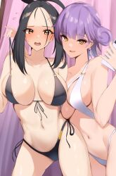 2girls bikini black_bikini black_hair black_swimsuit breasts cellphone dendra_(pokemon) female female_only front-tie_bikini haneramu holding_phone large_breasts looking_at_viewer midriff multiple_girls navel nintendo phone pokemon pokemon_sv purple_hair short_hair short_hair_with_long_locks side-tie_bikini side-tie_swimsuit swimsuit tulip_(pokemon) white_bikini white_swimsuit yellow_eyes