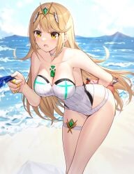 1girls bad_food beach bento blonde_hair breasts choker clouds core_crystal earrings food large_breasts long_hair mythra nintendo ocean one-piece_swimsuit outside rings ririko_(zhuoyandesailaer) sky swimsuit thigh_strap tiara water white_one-piece_swimsuit white_swimsuit xenoblade_(series) xenoblade_chronicles_2 yellow_eyes