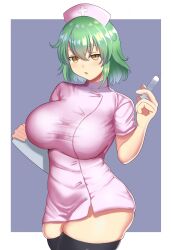 1girls breasts clipboard dress green_hair hikage_(senran_kagura) holding_clipboard holding_syringe large_breasts looking_at_viewer marvelous needle ninimu-home nurse nurse_cap nurse_uniform pink_dress senran_kagura short_hair syringe thighhighs yellow_eyes