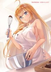 1girls apron baking blonde_hair blue_eyes braid breasts chocolate chocolate_on_breasts chocolate_on_face cygames hadaka_apron holding_whisk kitchen kitchen_utensils large_breasts long_hair mixing_bowl naked naked_apron pecorine princess_connect! sebu_illust whisk