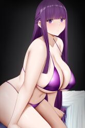 arind_yudha bikini black_background blush breasts cleavage female fern_(sousou_no_frieren) from_side highres large_breasts looking_at_viewer looking_to_the_side navel purple_bikini purple_eyes purple_hair simple_background solo sousou_no_frieren swimsuit thighs