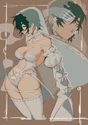 absurdres alternate_costume black_hair breasts bridal_veil chainsaw_man cigarette detached_sleeves eyepatch female green_eyes highres himeno_(chainsaw_man) implied_marriage large_breasts liowig revealing_clothes short_hair sleeves_past_fingers sleeves_past_wrists smoking solo thighhighs veil wedding_lingerie wedding_veil white_thighhighs