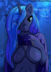 alicorn areola blue_body blue_fur blue_hair breasts clothing equid equine female friendship_is_magic fur hasbro horn jewelry killerqueen1911 long_hair mammal my_little_pony nipples princess_luna_(mlp) ring shirt_lift unicorn_horn