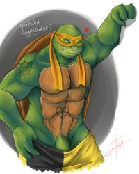 4:5 abs absurd_res anthro anthro_only bakameganekko biceps flirting green_body green_skin hi_res leaning_against_wall male mask michelangelo_(tmnt) muscular muscular_anthro muscular_male pecs reptile scalie solo talking_to_viewer teenage_mutant_ninja_turtles teenage_mutant_ninja_turtles_(2014) turtle winking_at_viewer