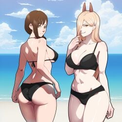 2girls ass ass background beach big_ass big_breasts big_thighs bikini black_hair blonde_hair breasts chainsaw_man dat_ass female female_only higashiyama_kobeni horns huge_ass huge_breasts huge_thighs long_hair looking_at_viewer power_(chainsaw_man) smile smiling superaxlart tagme thick_hips thick_thighs thighs