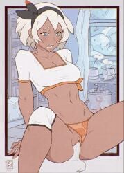 animated bea_(pokemon) bow clothed dark-skinned_female dark_skin disembodied_penis female female_focus female_only game_freak grey_eyes kneepads litsilium nintendo panties panties_aside penetration pokemon pokemon_ss sex solo_focus vaginal_penetration