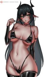 1girls armsleeves artist_name belly_button bikini black_bikini black_nails breasts dark_hair female female_only green_eyes hanaelward03 horns huge_breasts indie_virtual_youtuber latex layna_lazar light-skinned_female light_skin nail_polish patreon_logo pointy_ears solo swimsuit virtual_youtuber