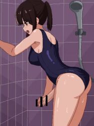 1futa alternate_version_available animated bangs bath bathroom brown_hair censored cum cumming duke_shiwa futa_only futanari gif masturbating masturbation pixel_art ponytail shiwa_kou shower solo swimsuit