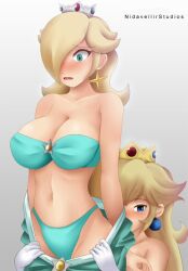 2d 2d_(artwork) 2girls assisted_exposure belly_button big_breasts blonde_hair blue_bra blue_eyes blue_panties blue_underwear blush bra breasts cleavage clothing crown dress dress_pull dress_pulled_by_another embarrassed female female_only females_only gloves grey_background hair_over_one_eye large_breasts long_hair looking_at_viewer looking_down mario_(series) multiple_girls nidavellirstudios nintendo panties pearl_earrings princess_peach princess_rosalina pulling_down_dress simple_background standing star_earrings strapless_bra super_mario_galaxy surprised surprised_look thin_female thin_waist underwear