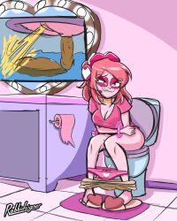 close-up female miss_heed_(villainous) only_female panties_down pants_down peeing pink_clothing pink_eyes pink_hair pink_panties pink_toilet_paper rabbidsigner relief scat straining sweat toilet toilet_use villainous