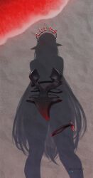 beach dressed_shadow_(meme) implied_nudity indie_virtual_youtuber layna_lazar leg_strap long_hair myth1c myth1carts one-piece_swimsuit pointy_ears shadow silhouette syringe virtual_youtuber