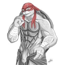 absurd_res anthro anthro_only bakameganekko balls biceps genitals hi_res male mask muscular muscular_anthro muscular_male penis raphael_(tmnt) reptile scalie solo teenage_mutant_ninja_turtles teenage_mutant_ninja_turtles_(2014) turtle