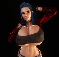 1girls 3d 3d_(artwork) becca_(vaako) belt blue_hair breasts_bigger_than_head breasts_bigger_than_torso brown_eyes choker cleavage clothed clothed_female female female_only female_solo fingerless_gloves gigantic_breasts gloves hand_behind_head hourglass_figure huge_breasts human human_female human_only jacket long_hair looking_at_viewer midriff necklace nipples nipples_visible_through_clothing nose_piercing oc original_character overboob pants pierced_ears pierced_nose piercing piercings skin_tight skindentation small_waist solo solo_female thin_waist tight_clothing top_heavy underboob upper_body vaako wasp_waist wide_hips