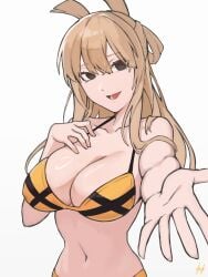 1girls bikini bikini_top black_eyes blonde_female blonde_hair_female breasts female female_only fukuya_art go!_go!_loser_ranger! long_hair open_mouth open_mouth_smile ranger_reject sentai_daishikkaku smile solo suzukiri_yumeko yellow_bikini