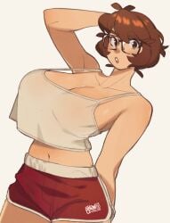 2023 absurdres artist_name blush booty_short breasts brown_hair camisole cleavage commentary dated english_commentary english_text female hair_behind_ear highres large_breasts midriff original pants red_pants shirt short_hair short_shorts short_sleeves shorts sideboob snowcie snowciel solo_focus surprised tank_top tanktop underwear white_camisole white_shirt