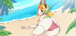 beach blonde_hair cameltoe crush_crush green_eyes happy laying_down looking_at_viewer ocean odango_(crush_crush) official_art palm_trees pink_panties robot_girl romantic sad_panda_studios smiling smiling_at_viewer sunlight upskirt