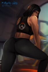 1girls ass ass_focus back black_hair brown_body brown_eyes brown_skin clothed female female_only leggings marikoneko marikoneko0 overwatch overwatch_(logo) overwatch_2 pharah topwear