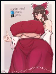 1girls big_breasts big_thighs black_border blush breasts busty clothing female gigantic_breasts gigantic_thighs huge_breasts huge_thighs kamu33 large_breasts large_thighs massive_breasts massive_thighs nipple_bulge reimu_hakurei thick_thighs thighs thumbs_up touhou underboob voluptuous