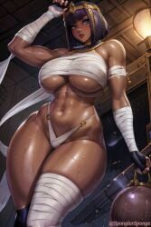 ai_generated bandage bandages blue_eyes busty curvy dark-skinned_female dark_skin egyptian female female_only fingerless_gloves large_breasts looking_away menat purple_hair raised_arm short_hair spongiersponge street_fighter street_fighter_v thick_thighs voluptuous