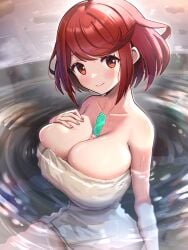 1girls breasts cleavage core_crystal female gonzarez hot_spring huge_breasts light-skinned_female light_skin nintendo onsen pyra red_eyes red_hair short_hair smile towel towel_only xenoblade_(series) xenoblade_chronicles_2