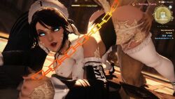 au_ra blue_eyes chain_leash chains debuff female female_domination female_focus femdom final_fantasy_xiv from_behind from_behind_position gameplay_mechanics gpose(ffxiv) grabbing health_bar hud hyur leash_pull midnightryoko midnightryokoff nun's_habit nun_outfit sex status_effect tagme