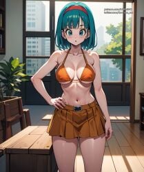 1girls ai_generated bikini_top blue_eyes bulma_(dragon_ball) bulma_briefs bulma_briefs_(frieza_saga) dragon_ball dragon_ball_z female female_only hairband karmino medium_breasts medium_hair skirt solo_female