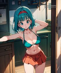 1girls ai_generated bikini_top blue_eyes bulma_(dragon_ball) bulma_briefs bulma_briefs_(frieza_saga) dragon_ball dragon_ball_z female female_only hairband karmino medium_breasts medium_hair skirt solo_female