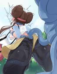 1girls 1pokemon ^^^ absurdres ambiguous_penetration anal anus bag black_pantyhose breasts brown_hair covered_penetration day double_anal doughnut_hair_bun female from_behind hair_bun highres implied_penetration implied_sex large_breasts long_hair mocomori multiple_anal_insertions multiple_penetration multiple_vaginal_insertions nipples outdoors pantyhose pantyhose_under_shorts penetration_under_clothes pokemon pokemon_(species) pokemon_bw2 pokephilia rosa_(pokemon) see-through see-through_shirt sex_under_clothes sex_under_skirt short_shorts shorts shoulder_bag skirt spread_anus tangrowth tentacle tentacle_sex tentacle_under_skirt tentacles_under_clothes tongue tongue_out trembling triple_vaginal two-tone_shirt vaginal_penetration yellow_shorts