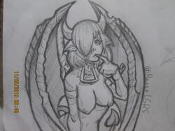 1girls black_and_white black_sclera collar demon demon_girl demon_horns demon_tail demon_wings el_diario_de_jonathan female finger_to_mouth hair_over_one_eye histeria horns nude nude_female pointy_ears razerlgrs short_hair solo solo_female tail wings