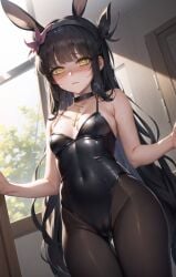 1girl ai_generated amber_eyes black_hair blush bunny_ears bunny_girl bunnysuit cameltoe embarrassed goth goth_girl goth_girl_&_the_jock light-skinned_female light_skin merryweather nervous ophelia_(merryweather) original rabbit rabbit_ears shy skimpy