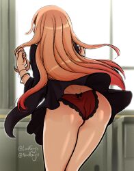 1girls ass ass_focus dress female female_only flashing_panties kitagawa_marin long_fingernails long_hair long_sleeves looking_away lordguyis multicolored_hair panties pantyshot rear_view red_panties solo sono_bisque_doll_wa_koi_wo_suru thighs upskirt