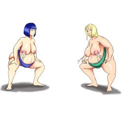 2girls belly big_belly big_breasts blonde_hair breasts diana_pamela female female_only female_sumo hyuuga_hinata lactation loincloth mawashi multiple_girls multiple_pregnancies naruto naruto_(series) pregnant squatting sumo tsunade