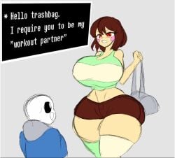 2023 aged_up big_breasts brown_hair chara doctordrawnass huge_boobs huge_breasts huge_thighs red_eyes sans sans_(undertale) skeleton thick_thighs toby_fox undertale undertale_(series) yoga