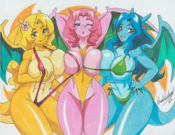 3girls alternate_form amantepokemon big_breasts bikini blonde_hair blue_eyes blue_hair breast_squish breasts charizard clothing daisy_(amantepokemon) daisy_(evilkinglich) daisy_(pokemon) evilkinglich female female_only large_breasts lily_(amanteppokemon) lily_(evilkinglich) lily_(pokemon) long_hair multiple_girls muscle_girl no_humans oc one_eye_closed pink_hair pokémon_(species) pokemon pokemon_(species) pokemon_oc ravern_clouk ravernclouk sisters sling_bikini swimsuit swimsuit_aside violet_(amantepokemon) violet_(evilkinglich) violet_(pokemon)