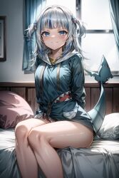 ai_generated arms_behind_back bangs bed blue_eyes blue_hair blue_hoodie blunt_bangs blush breasts closed_mouth curtains edosynf female fish_tail gawr_gura grey_hair hair_ornament highres hololive hololive_english hood hoodie indoors long_sleeves looking_at_viewer multicolored_hair on_bed pillow shark_girl shark_tail sitting smile solo streaked_hair tail thighs two_side_up virtual_youtuber window