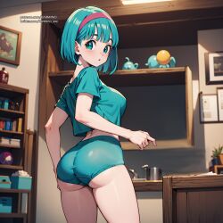 1girls ai_generated ass blue_eyes bulma_(dragon_ball) bulma_briefs bulma_briefs_(frieza_saga) dragon_ball dragon_ball_z karmino medium_breasts medium_hair tight_clothing