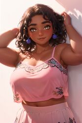 1girls ai_generated breasts brown_hair chubby clothing colombian curly_hair cute dark-skinned_female dark_skin disney earrings encanto female hand_up huge_breasts latina midriff mirabel_madrigal pink_clothing purapura solo tan_skin