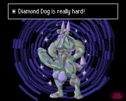 4_toes 5_fingers abs annaengine anthro balls barefoot biceps big_penis blue_body blue_nipples blue_penis blue_tongue canid canine canis claws crystal crystal_creature diamond_(gem) diamond_dog_(earthbound) digital_drawing_(artwork) digital_media_(artwork) domestic_dog earthbound_(series) elemental_creature english_text erection feet fingers foreskin fur gem gem_eyes genitals green_body hands_on_hips hi_res humanoid_genitalia humanoid_penis looking_up male mammal mineral_fauna multicolored_balls multicolored_body multicolored_penis multicolored_tail muscular muscular_anthro muscular_male navel nintendo nipples no_pupils nude open_mouth pecs penis sharp_teeth simple_background smile solo sparkles spikes spikes_(anatomy) standing tail teeth text toe_claws toes tongue tongue_out vein veiny_penis