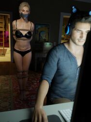 3d bikini blender blonde_hair bra elena_fisher literally_me nathan_drake panties personal_office ponytail rope rope_bondage tape tape_gag taped_mouth theblendertaper uncharted uncharted_4 xps