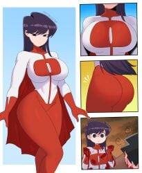 1girls ass black_hair blood breasts cape characterful cosplay dat_ass female hi_res huge_ass huge_breasts invincible komi-san_wa_komyushou_desu komi_shouko large_breasts light-skinned_female light_skin long_hair omni-man_(cosplay) postblue98 tadano_hitohito thick_thighs tight_clothing voluptuous