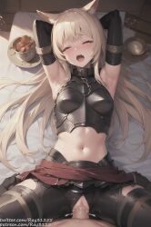 1boy 1girls ai_generated armor armpits arms_up blonde_hair blush cat_ears catgirl closed_eyes cum cum_in_pussy cum_inside female female_penetrated final_fantasy lying male male/female male_pov midriff miqo'te missionary_position navel open_mouth pov ray3125 sex spread_legs table vaginal_penetration vaginal_penetration