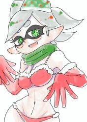 1girls beauty_mark belly_button big_breasts bra christmas christmas_outfit christmas_underwear detached_sleeves elbow_gloves female_only gloves green_scarf inkling_girl light-skinned_female looking_at_viewer marie_(splatoon) mole_under_eye naito_gambo nintendo panties scarf smile solo_female splatoon splatoon_(series) string_panties tentacle_hair thin_waist unusual_ears unusual_pupils wide_hips