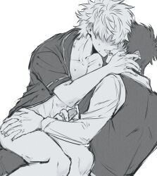 2boys blush bottomless covered_eyes erection french_kiss gay gintama gintoki_sakata handjob hickey_marks hijikata_toshiro kissing male male_only monochrome open_shirt ourjaune penis sitting_on_lap sitting_on_person tongue_out uncensored yaoi