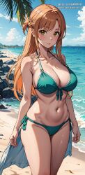 ai_generated anime anime_style beach big_breasts bikini brown_eyes brown_hair female green_bikini karmino sword_art_online voluptuous_female yuuki_asuna