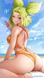 1girls ass background beach bikini league_of_legends smile spiz zeri_(league_of_legends)