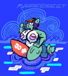 abstract_background anthro big_breasts breasts dripping_wet female fish green_body hair huge_breasts jimothy_dickerman lifeguard marine nipples partially_submerged purple_hair shaded shark signature simple_eyes simple_shading solo surfboard visor water whistle_(object)