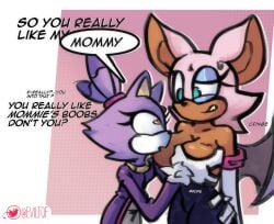 <3_eyes 2023 age_difference alternate_color anthro anthro_on_anthro archie_comics ass awkward awkward_smile bat bat_wings big_breasts big_ears black_body blaze_the_cat blush bodily_fluids breast_fondling breast_out breast_play breast_squish breasts butt_grab clothed clothing cringing dialogue dialogue_box digital_drawing_(artwork) digital_media_(artwork) domestic_cat duo english_text eviltqf eyelashes eyeliner felid feline felis female female/female fingers fondling fur gloved_hands gloves green_eyes grope groping_breasts hair hand_on_breast hand_on_butt handwear heart huge_breasts humanoid idw_publishing makeup mammal megabat membrane_(anatomy) membranous_wings mobian_cat mommy_kink open_mouth partially_clothed ponytail princess purple_body purple_fur rouge_the_bat royalty sega shaded simple_background size_difference sketch small_breasts smile sonic_(series) sonic_adventure sonic_the_hedgehog_(archie) sonic_the_hedgehog_(comics) sonic_the_hedgehog_(idw) sonic_the_hedgehog_(series) speech_bubble squish sweat sweatdrop teeth text thick_thighs tight_clothing white_body white_fur wide_eyed yuri