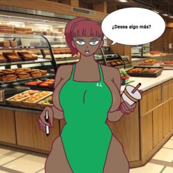 1:1 1:1_aspect_ratio 1girls barista big_breasts blue_eyes breasts dark-skinned_female dialogue dialogue_box dialogue_bubble employee employee_uniform fhs fnafhs fnafhs_z3ro fnafhsrule34 iced_latte_with_breast_milk long_hair red_hair santoo115 spanish_text standing starbucks tagme text text_box text_bubble toddy_(fnafhs)