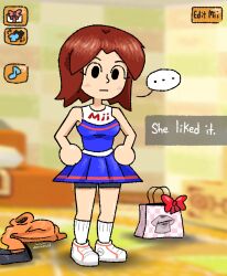 ... 1girls bag bow cheerleader cheerleader_outfit cheerleader_uniform clothed clothes clothing english_text full_body gift happy mii mii_gunner mii_gunner_(smash_4) nintendo shoes socks socks_and_shoes super_smash_bros. text text_bubble tomodachi_life uznhoj video_game_mechanics