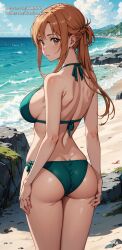 ai_generated anime anime_style ass beach big_breasts bikini brown_eyes brown_hair female green_bikini karmino sword_art_online viewed_from_behind voluptuous_female yuuki_asuna